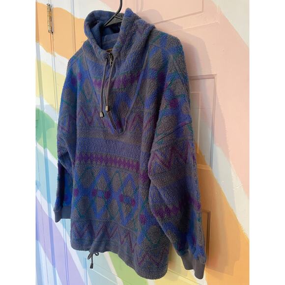 Vintage 90s French Country Express Aztec Fleece Hoodie Quarter Zip Large - Picture 3 of 8